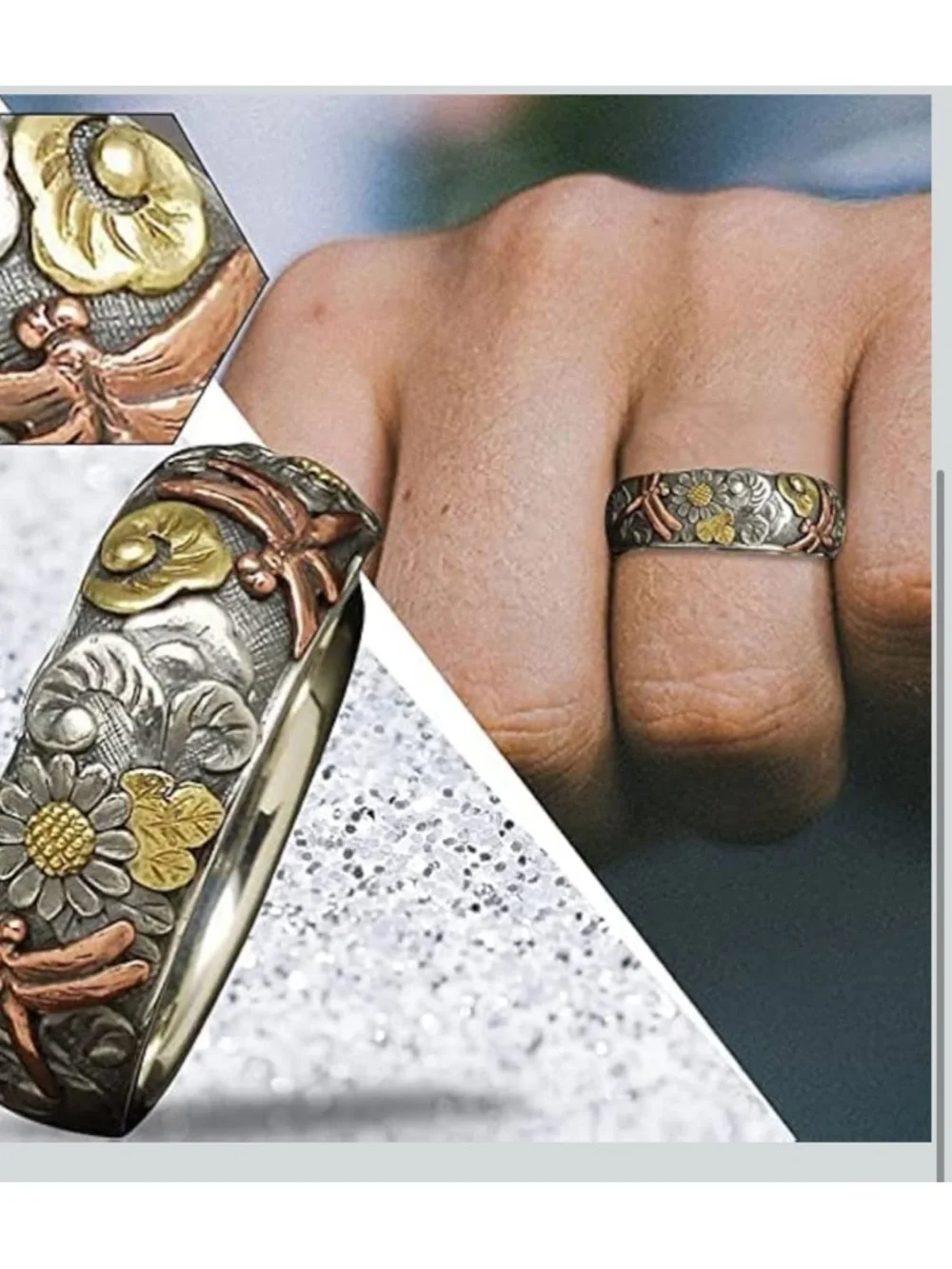 Vintage Silver and Rose Gold Colorful Carved Dragonfly Ring, Size 7, NWOT - Picture 5 of 5